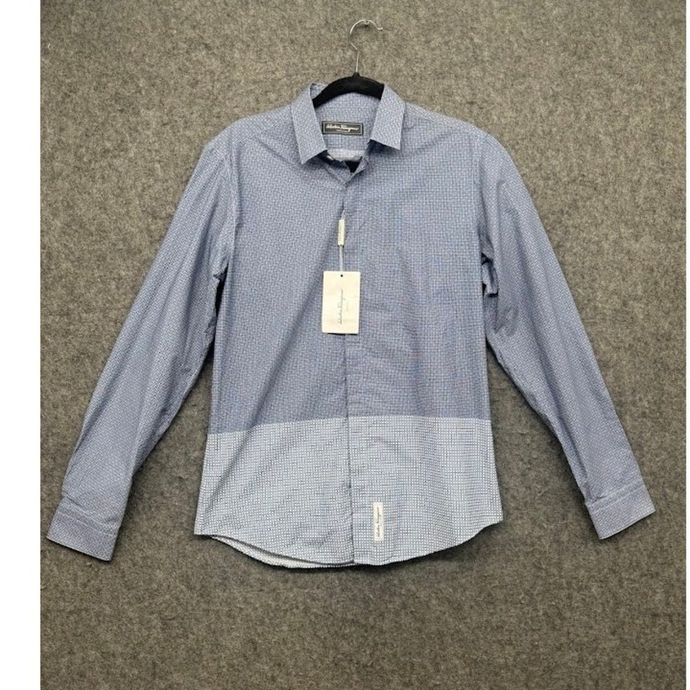 Salvatore Ferragamo Mens Blue Geometric Micro Print Button Down Shirt Size M NEW
